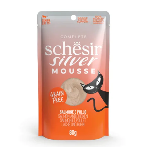 پوچ گربه موس مرغ و سالمون شسیر بالای ۱۱ سال ۸۰ گرم Schesir silver mousse