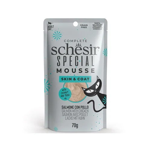 پوچ گربه موس تقویت پوست و مو مرغ و سالمون شسیر ۷۰ گرم Schesir skin & coat mousse