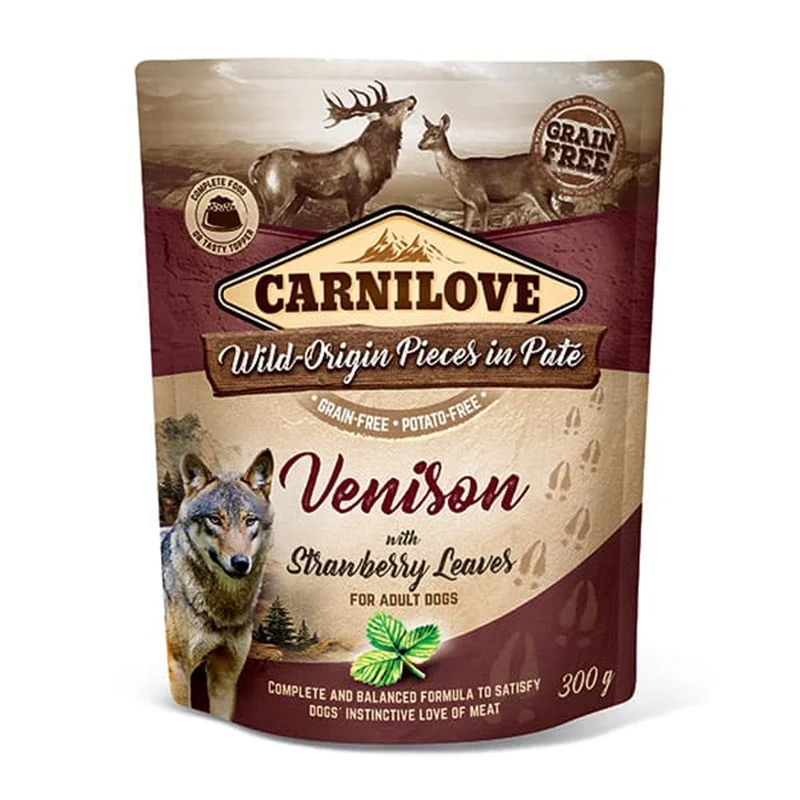 پوچ سگ با گوشت گوزن و برگ توت فرنگی کارنی لاو ۳۰۰ گرمی Carnilove vension with strawberry pate