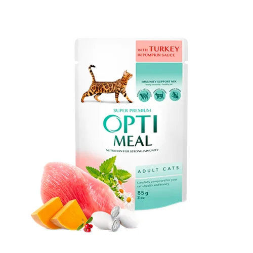 پوچ گربه بالغ با بوقلمون و سس کدوحلوایی اپتی میل Opti meal Wet cat food for sterilised cats with TURKEY and pumpkin sauce 85g
