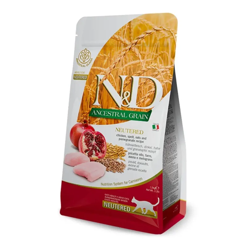 غذای خشک گربه عقیم شده کم غلات N&D با طعم مرغ و انار ۱.۵ کیلوگرن (N&D Neutered Cat food ancestral grain with chicken and pomegranate recipe)