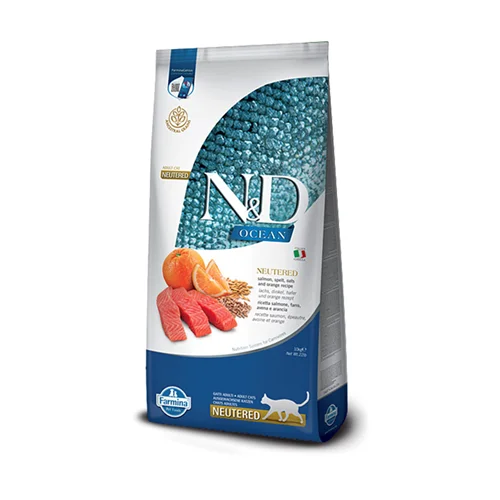 غذای خشک گربه عقیم شده کم غلات N&D با طعم ماهی سالمون و پرتقال به صورت فله ای (N&D Neutered Cat food ancestral grain with salmon and orange recipe)
