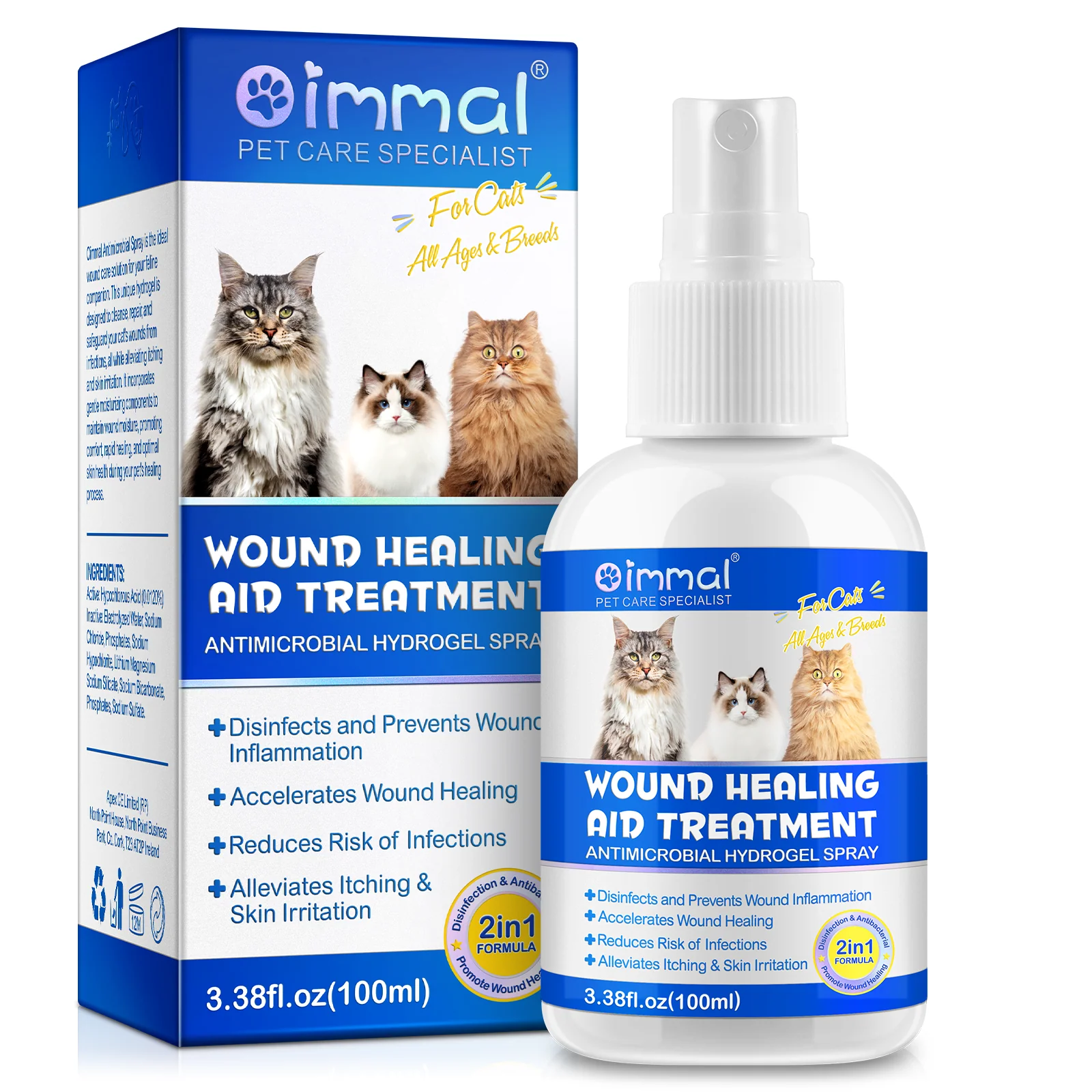 اسپری و هیدروژل آنتی‌میکروبیال درمان و مراقبت از زخم‌های گربه ها اویمال 100 میل Oimmal Wound Healing Aid Treatment Antimicrobial Hydrogel Therapy