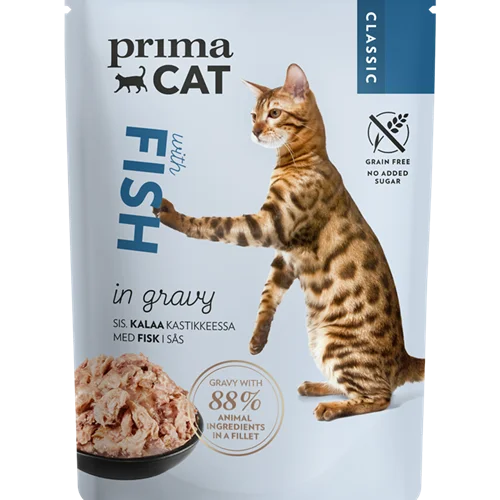 پوچ گربه ماهی در آبگوشت پریما کت PRIMA CAT COMPLETE MEAL WITH FISH IN GRAVY