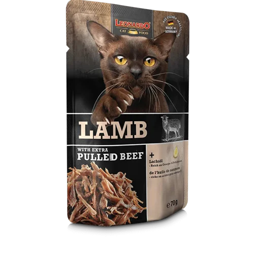 پوچ گربه با گوشت بره و بیف ریش شده لئوناردو ۷۰ گرم Leonardo lamb with extra pulled Beef