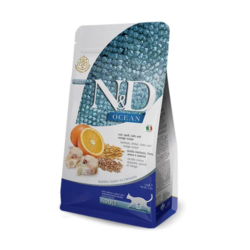 غذای خشک گربه بالغ کم غلات N&D با طعم ماهی کاد و پرتقال به صورت فله ای (N&D Neutered Cat food ancestral grain with cod and orange recipe)