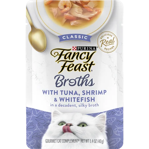 پوچ گربه سوپ مخملی با تن و میگو و ماهی سفید فنسی فیست ۴۰ گرم Fancy Feast Broths seafood collection