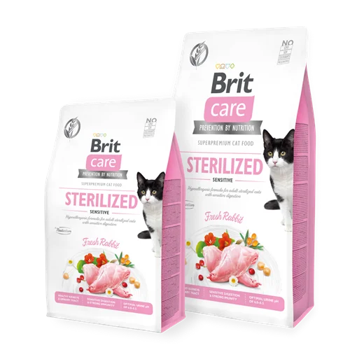 غذای خشک هایپوآلرژنیک گربه عقیم شده سنسیتیو بریت کر بسته بندی زیپ کیپ Brit Care Cat Grain-Free STERILIZED SENSITIVE