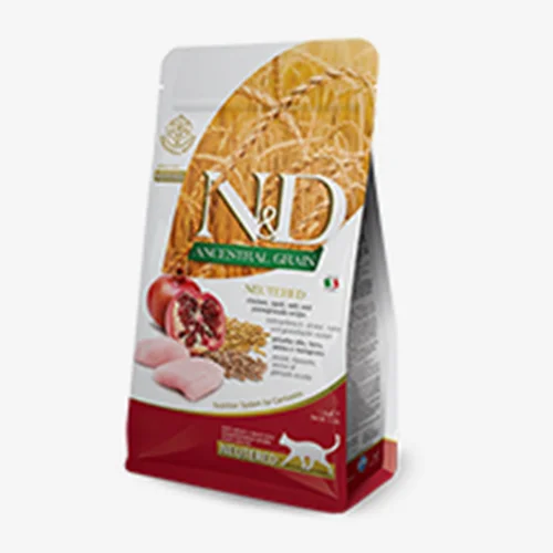 غذای خشک گربه عقیم شده کم غلات N&D با طعم مرغ و انار به صورت فله ای (N&D Neutered Cat food ancestral grain with chicken and pomegranate recipe)