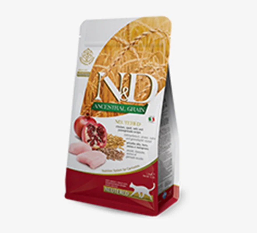غذای خشک گربه عقیم شده کم غلات N&D با طعم مرغ و انار به صورت فله ای (N&D Neutered Cat food ancestral grain with chicken and pomegranate recipe)