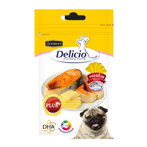 تشویقی سگ سالمون با پنیر چدار Delicio real salmon meat plus cheddar cheese