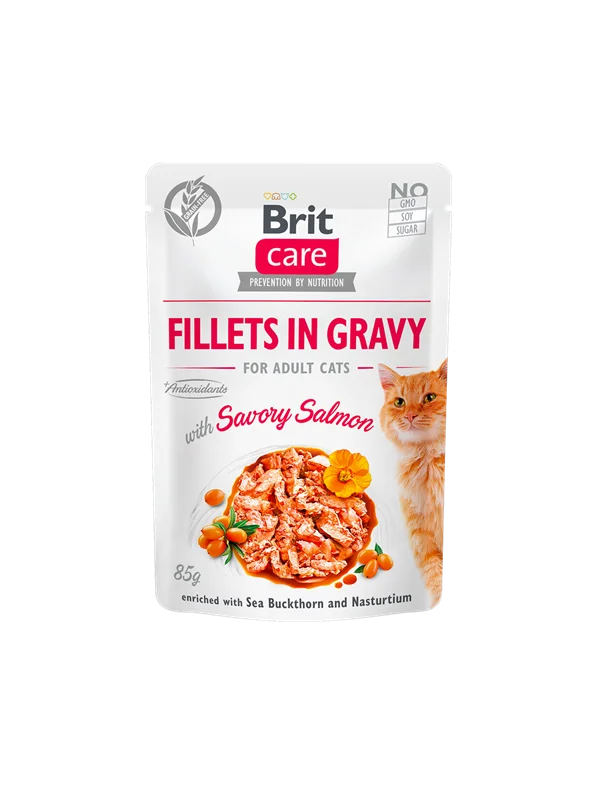 پوچ گربه بریت کر مرغ و ماهی سالمون در آبگوشت بدون غلات Brit care fillets in gravy