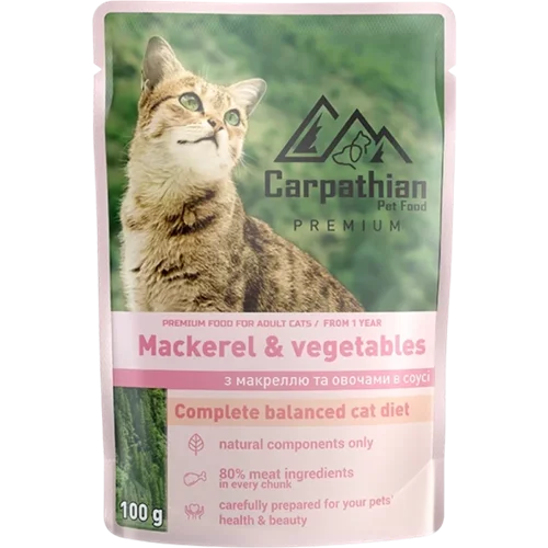 پک ۱۲ عددی پوچ گربه بالغ ماهی ماکرل و سبزیجات در سس کارپاتین ۱۰۰ گرم Carpathian mackerel & vegetable in sauce