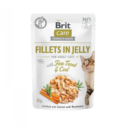 پوچ گربه بریت کر مرغ و ماهی قزل آلا و ماهی کاد در ژله بدون غلات Brit care fillets in jelly