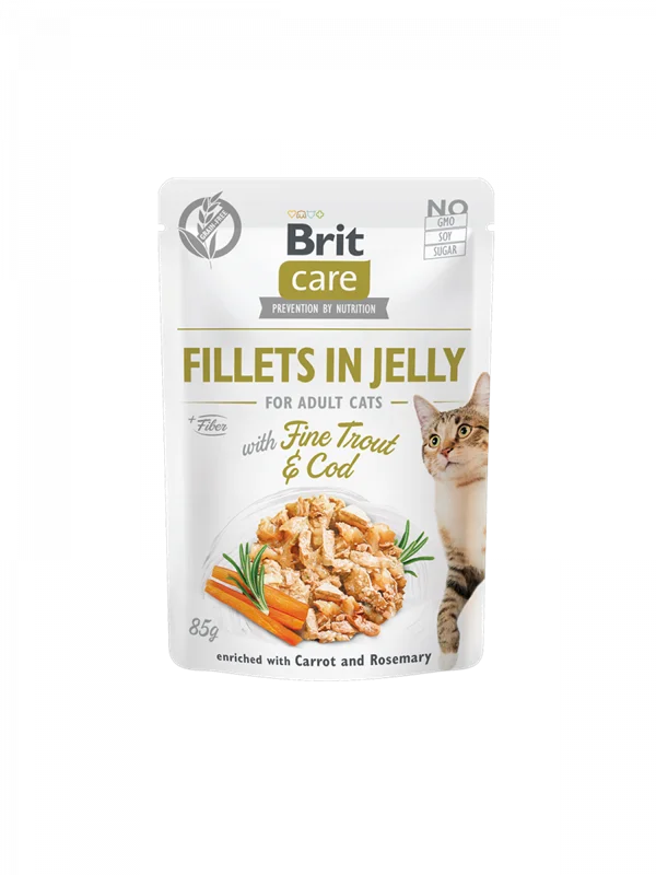 پوچ گربه بریت کر مرغ و ماهی قزل آلا و ماهی کاد در ژله بدون غلات Brit care fillets in jelly