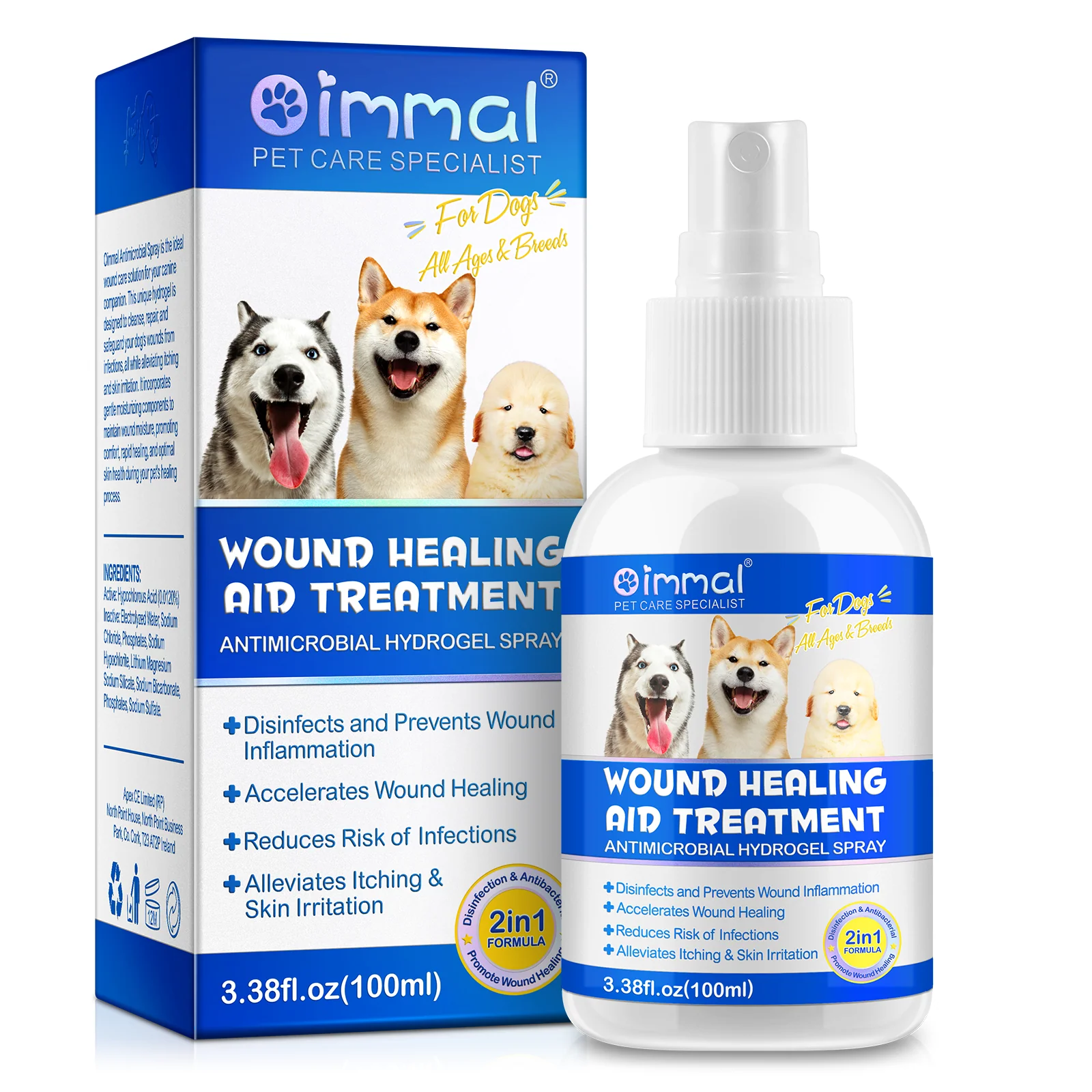 اسپری و هیدروژل آنتی‌میکروبیال درمان و مراقبت از زخم‌های سگ ها اویمال 100 میل Oimmal Wound Healing Aid Treatment Antimicrobial Hydrogel Therapy