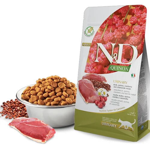 غذای خشک گربه یورینری بدون غلات N&D با طعم اردک و کینوا و کرنبری و بابونه ۳۰۰ گرمی (N&D Quinoa URINARY free grain )