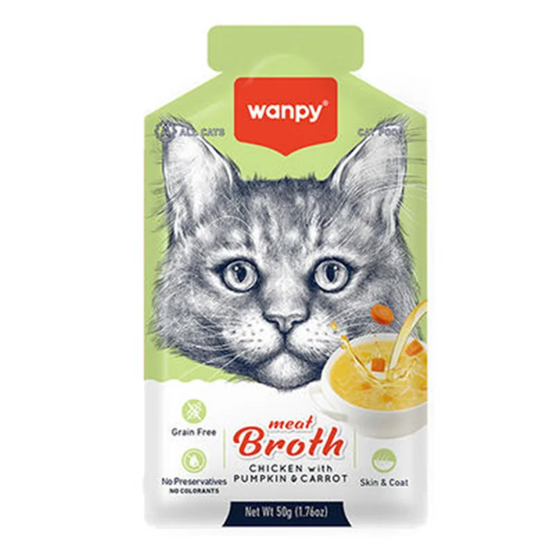 سوپ گربه ونپی بدون غلات با گوشت مرغ و کدوحلوایی و هویج ۵۰ گرم Wanpy meat broth chicken with pumpkin & carrot