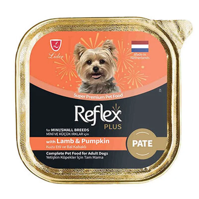 ووم سگ های مینی و اسمال بالغ رفلکس با گوشت بره و کدوحلوایی ۸۵ گرم Reflex plus mini/small breeds with lamb & pumpkin