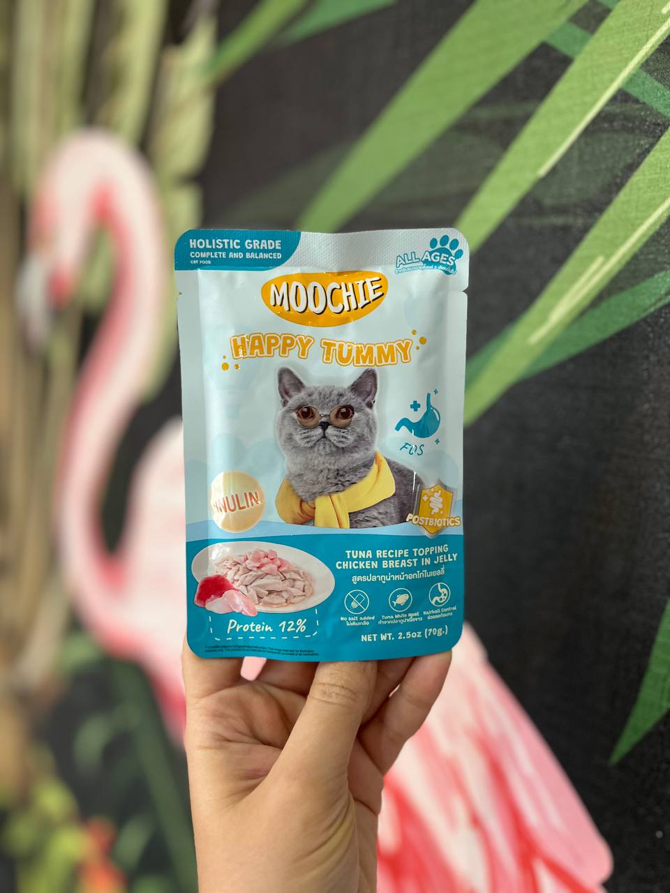 پوچ گربه تقویت معده ماهی تن و سینه مرغ در ژله موچی 70 گرم Moochie Happy Tummy Tuna Recipe Topping Chicken Breast in Jelly