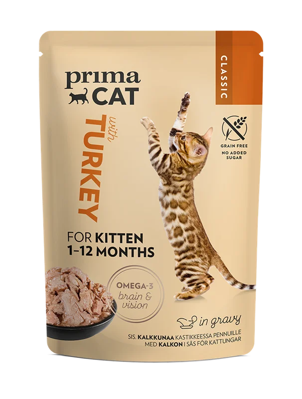 پک 24 عددی پوچ بچه گربه بوقلمون در آبگوشت پریما کت  TURKEY IN GRAVY CAT FOOD FOR KITTEN