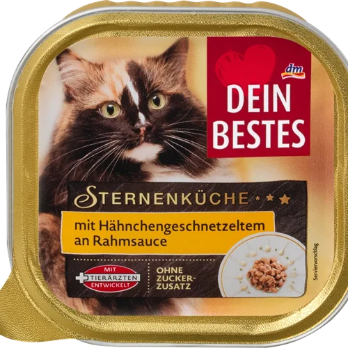 ووم گربه دین بستس با مرغ ها رشته ای در سس خامه (Dein Bestes Sternenküche Katzenfutter Hähnchengeschnetzeltes)