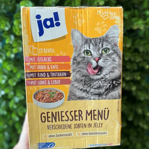 پک ۱۵ عددی پوچ گربه بدون غلات در ژله یا! ۱۰۰ گرم JA! Geniesser Menü verschiedene sorten in jelly