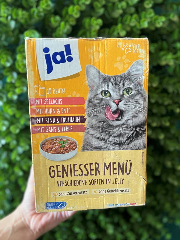 پک ۱۵ عددی پوچ گربه بدون غلات در ژله یا! ۱۰۰ گرم JA! Geniesser Menü verschiedene sorten in jelly