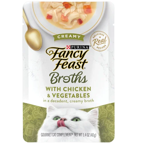 پوچ گربه سوپ خامه ای با مرغ و سبزیجات فنسی فیست ۴۰ گرم Fancy Feast Broths chicken collection