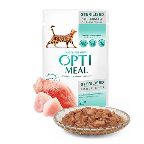پوچ گربه عقیم شده با فیله بوقلمون و مرغ اپتی میل Opti meal Wet cat food for sterilised cats with TURKEY and CHICKEN FILLET in sauce 85g