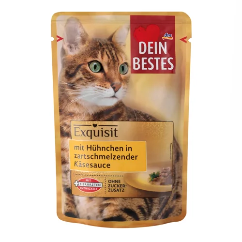 پوچ گربه دین بستس سری نفیس با طعم مرغ در سس پنیر Dein bestes Exquisit mit hühnchen in zartschmelzender käsesauce