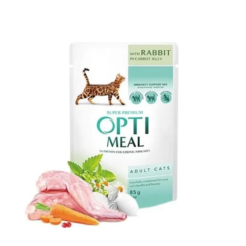 پوچ گربه بالغ با خرگوش و هویج در ژله اپتی میل Opti meal Wet cat food for sterilised cats with rabbit and carrot jelly 85g
