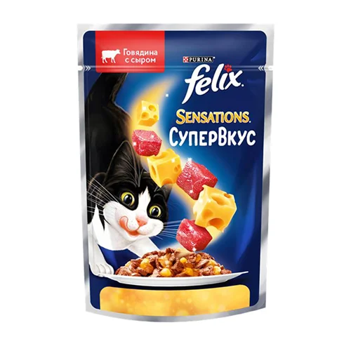 پوچ گربه فلیکس طعم بیف با پنیر felix SENSATIONS Говядина с сыром