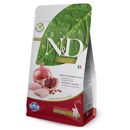 غذای خشک بچه گربه بدون غلات N&D با طعم مرغ و انار ۱.۵ کیلوگرن (N&D kitten food prime with chicken and pomegranate recipe)