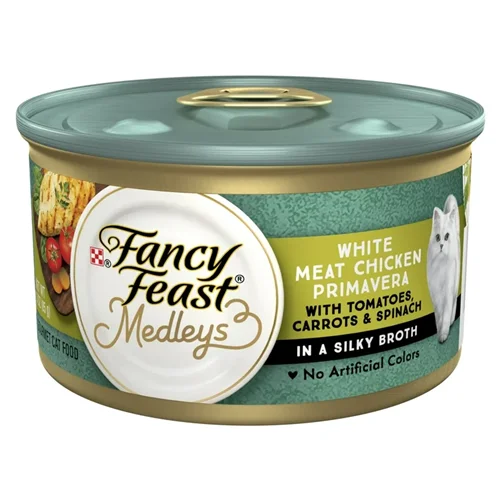کنسرو گربه مرغ با هویج و گوجه فرنگی و اسفناج در آبگوشت فنسی فیست 85 گرم Fancy Feast Medleys