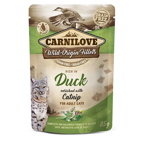 پوچ گربه بدون غلات اردک با کتنیپ کارنی لاو ۸۵ گرم Carnilove duck enriched with catnip for adult cats