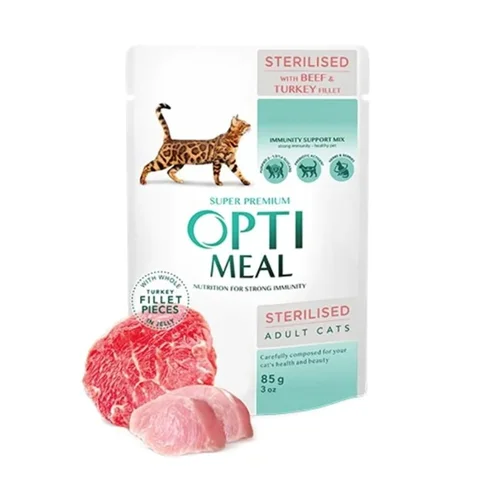 پوچ گربه عقیم شده با فیله بوقلمون و بیف اپتی میل Opti meal Wet cat food for sterilised cats with TURKEY and BEEF FILLET in sauce 85g