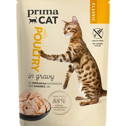 پوچ گربه پرندگان در آبگوشت پریما کت PRIMA CAT COMPLETE MEAL WITH POULTRY IN GRAVY