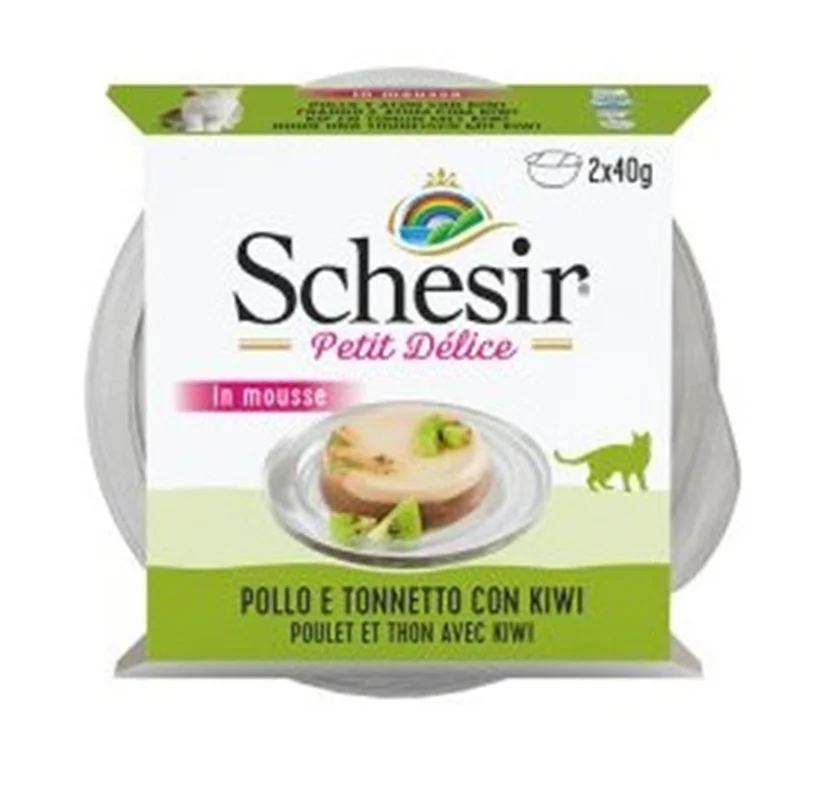 دسر میوه ای گربه شسیر با طعم ماهی تن، مرغ و کیوی (Schesir petit delice kiwi)