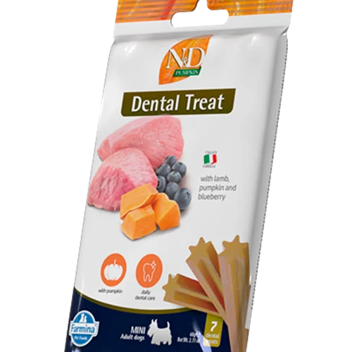 تشویقی دنتال سگ مینی طعم بره با کدوحلوایی و بلوبری ان اند دی ۷ عددی N&D Dental treat with lamb,pumpkin and blueberry