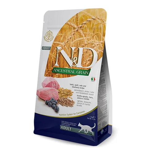 غذای خشک گربه عقیم شده کم غلات N&D با طعم بره و بلوبری به صورت فله ای (N&D Neutered Cat food ancestral grain with lamb and blueberry recipe)