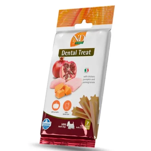 تشویقی دنتال سگ مینی طعم مرغ با کدوحلوایی و انار ان اند دی ۷ عددی N&D Dental treat with chicken,pumpkin and pomegranate