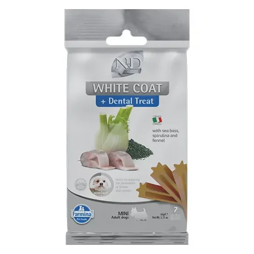 تشویقی دنتال سگ های سفید مینی طعم ماهی با اسپیرولینا و رازیانه ان اند دی ۷ عددی N&D Dental treat with sea bass ,spirulina and fennel