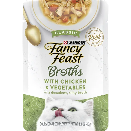 پوچ گربه سوپ مخملی با مرغ و سبزیجات فنسی فیست ۴۰ گرم Fancy Feast Broths chicken collection