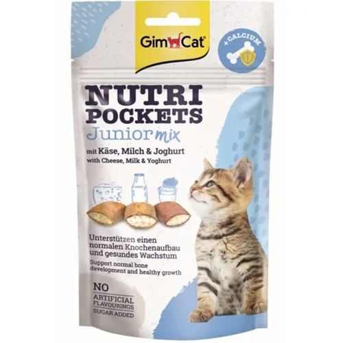 تشویقی مغزدار نوتری گربه جیم کت با طعم لبنیات (شیر، ماست، پنیر) (Gim Cat Nutri Pockets Junior Mix with Calcium)