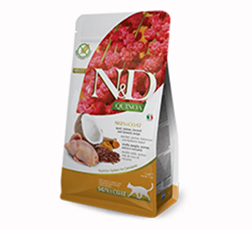 غذای خشک گربه اسکین اند کت بدون غلات N&D با طعم مرغ و نارگیل و کینوا (N&D Quinoa SKIN&COAT free grain whit Quail, quinoa, coconut and turmeric recipe)