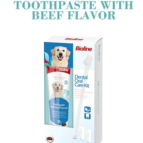 ست مسواک و خمیر دندان سگ با طعم بیف بایولاین Bioline dental oral care kit