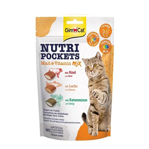 تشویقی مغزدار نوتری گربه جیم کت میکس با بیف و ماهی سالمون و کتنیپ(GimCat Nutri Pockets Malt & Vitamin Mix)