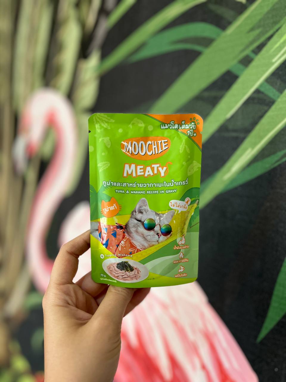 پوچ گربه ماهی تن و جلبک واکامه موچی 70 گرم  Moochie Meaty Tuna & Wakame Recipe in Gravy